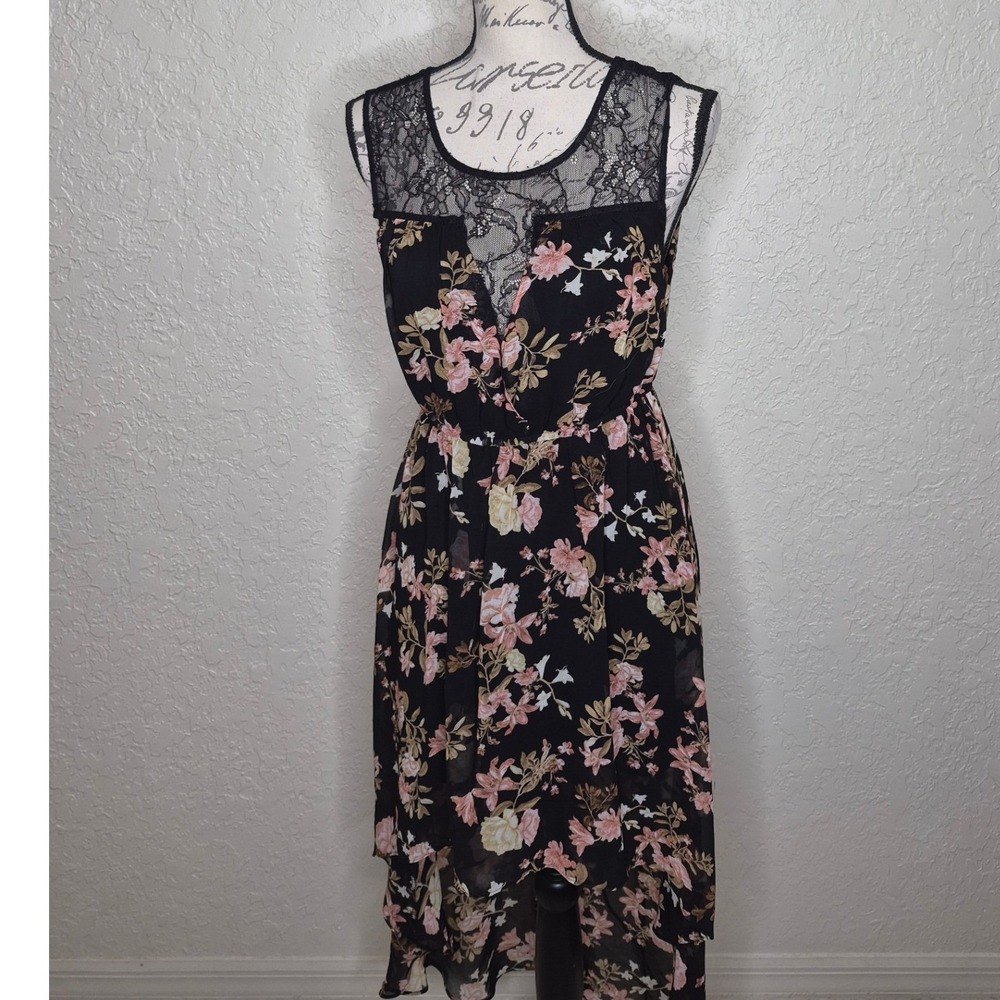 Forever 21 Black Floral High Low Dress Lace Yoke Sleeveless Small